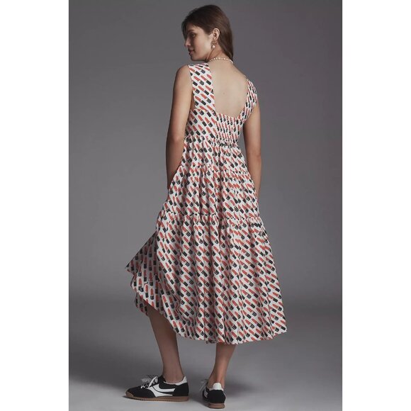 By Anthropologie Square-Neck Tiered Babydoll Dress Lipstick Print 2XL - Picture 2 of 4